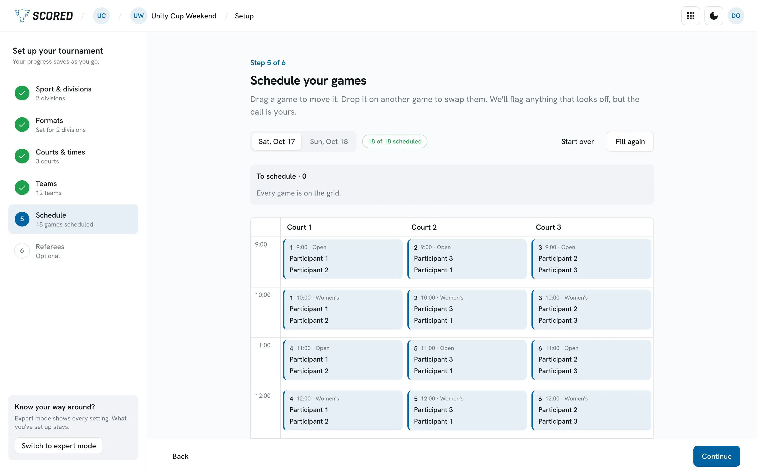 The setup guide's Schedule step for Unity Cup Weekend after Fill the schedule. Saturday is open and a badge reads 18 of 18 scheduled. Above the grid, the tray reads To schedule · 0 and Every game is on the grid. Below it, games fill Courts 1 to 3 from 9:00 to 12:00, with placeholder names such as Participant 1 until teams are placed in their groups.