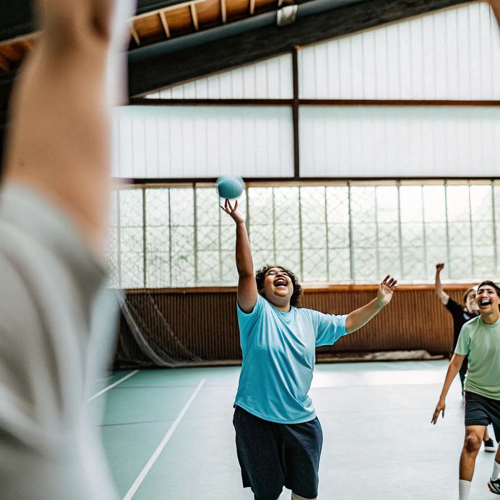 Dodgeball players mid-rally in an indoor hall