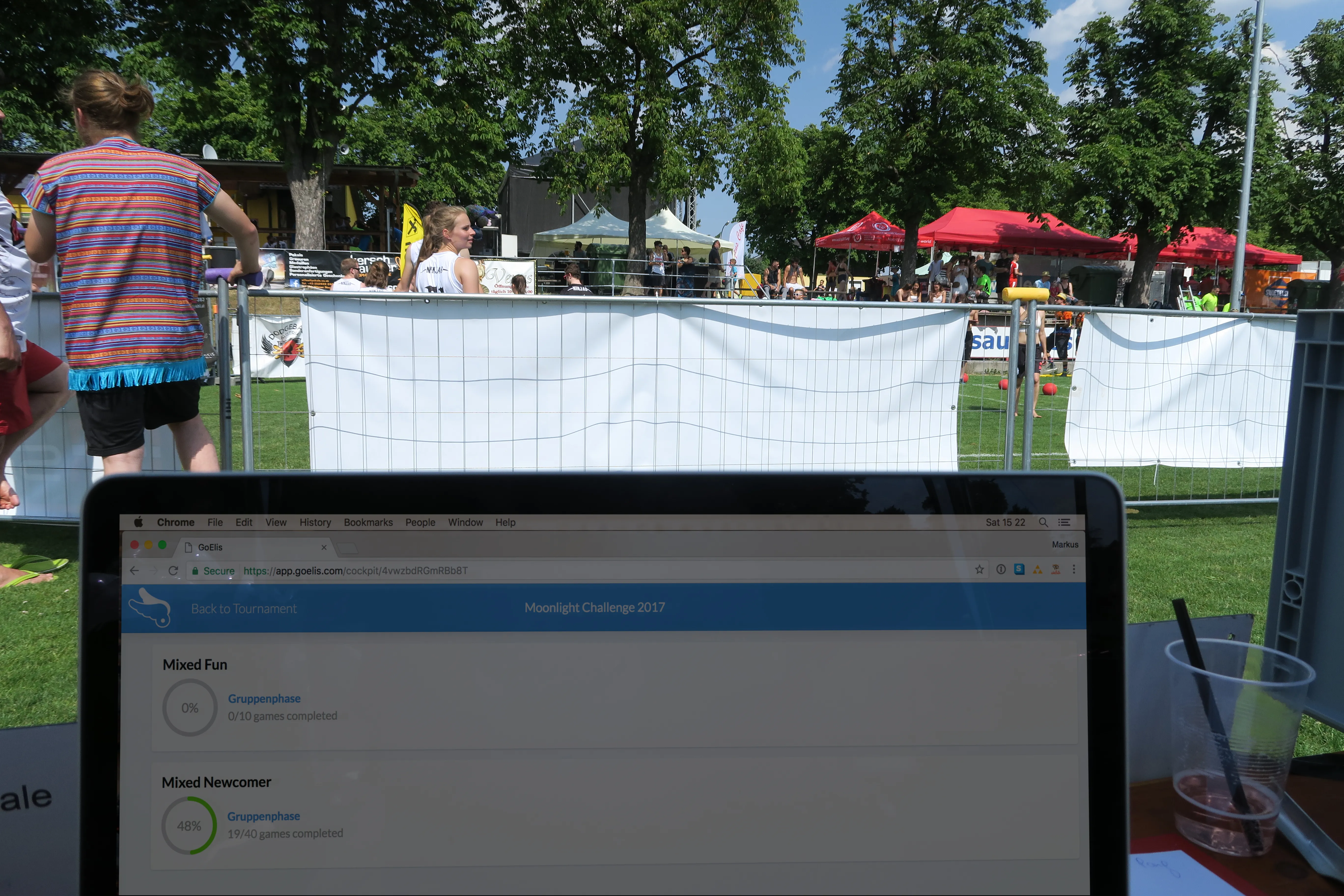 Live standings displayed on a laptop at an outdoor event