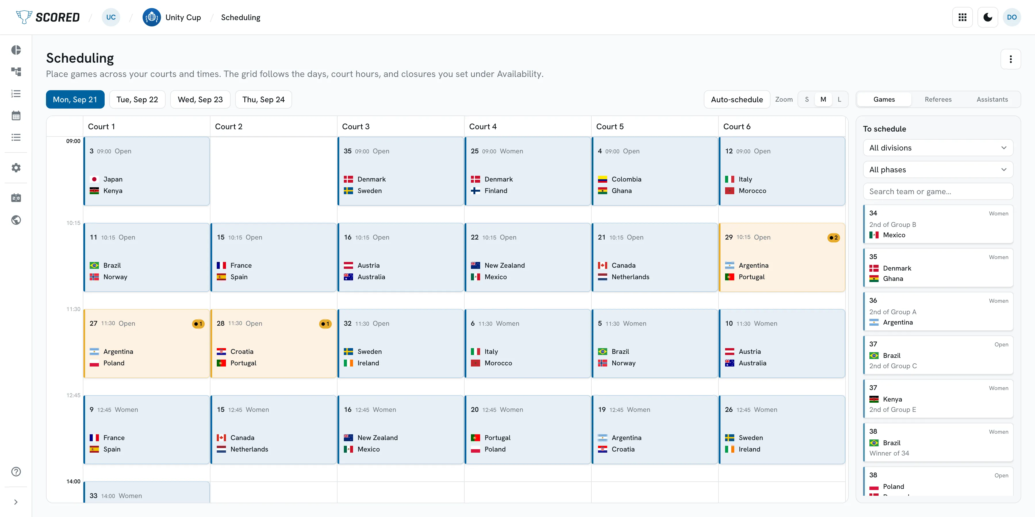 The Scheduling screen in Scored: six court columns for Monday, games placed at 09:00, 10:15, 11:30 and 12:45, and a To schedule list of games waiting on the right