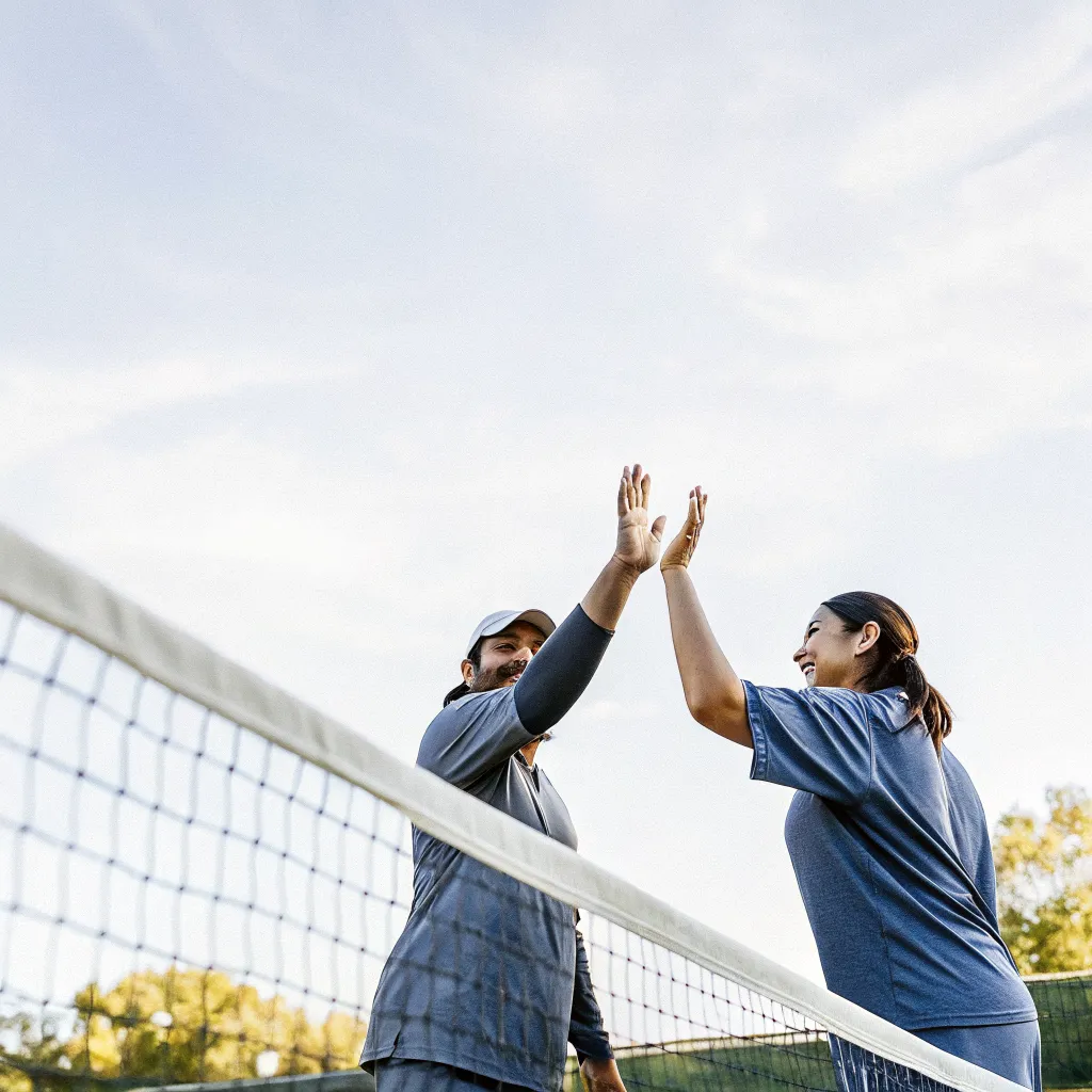 Pickleball partners high-fiving at the net