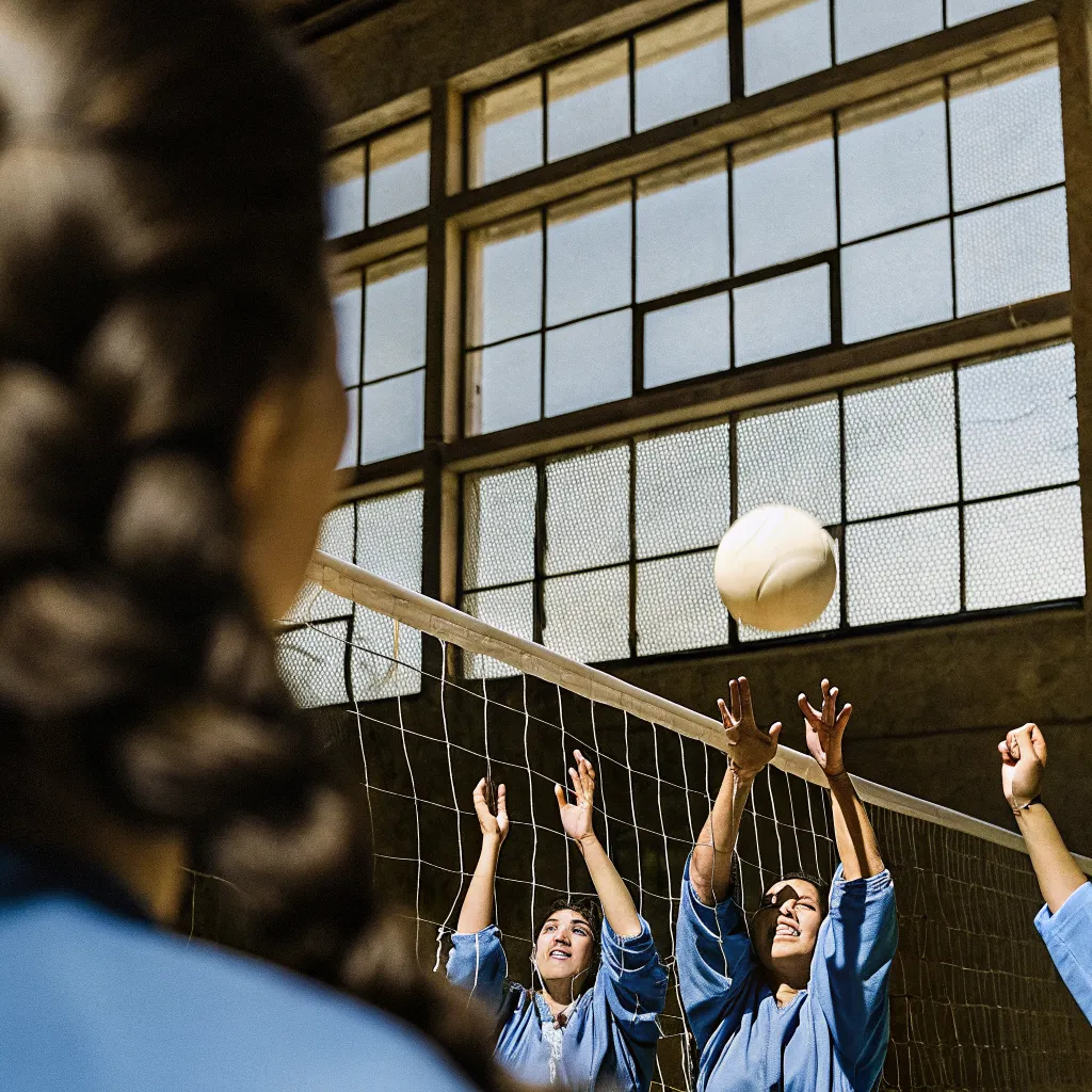 Volleyball players reaching for the ball at the net